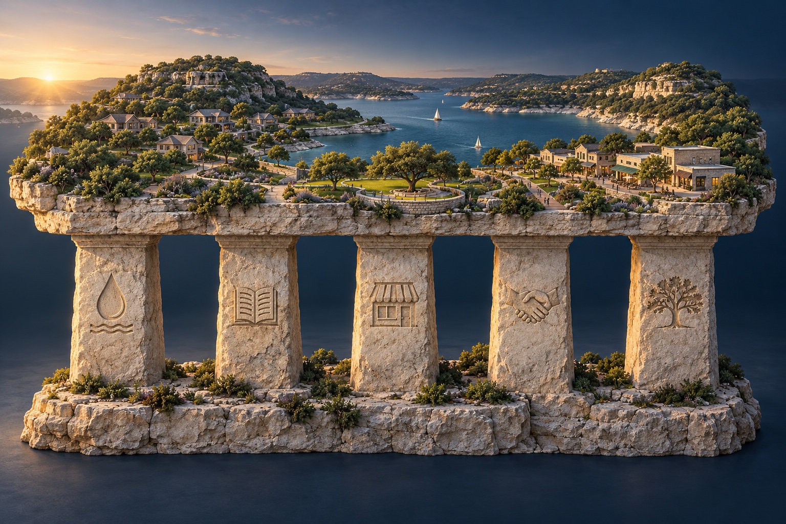 Conceptual illustration of a Lake Travis community supported by five limestone pillars, representing infrastructure, finances, local business, neighbors and nature.